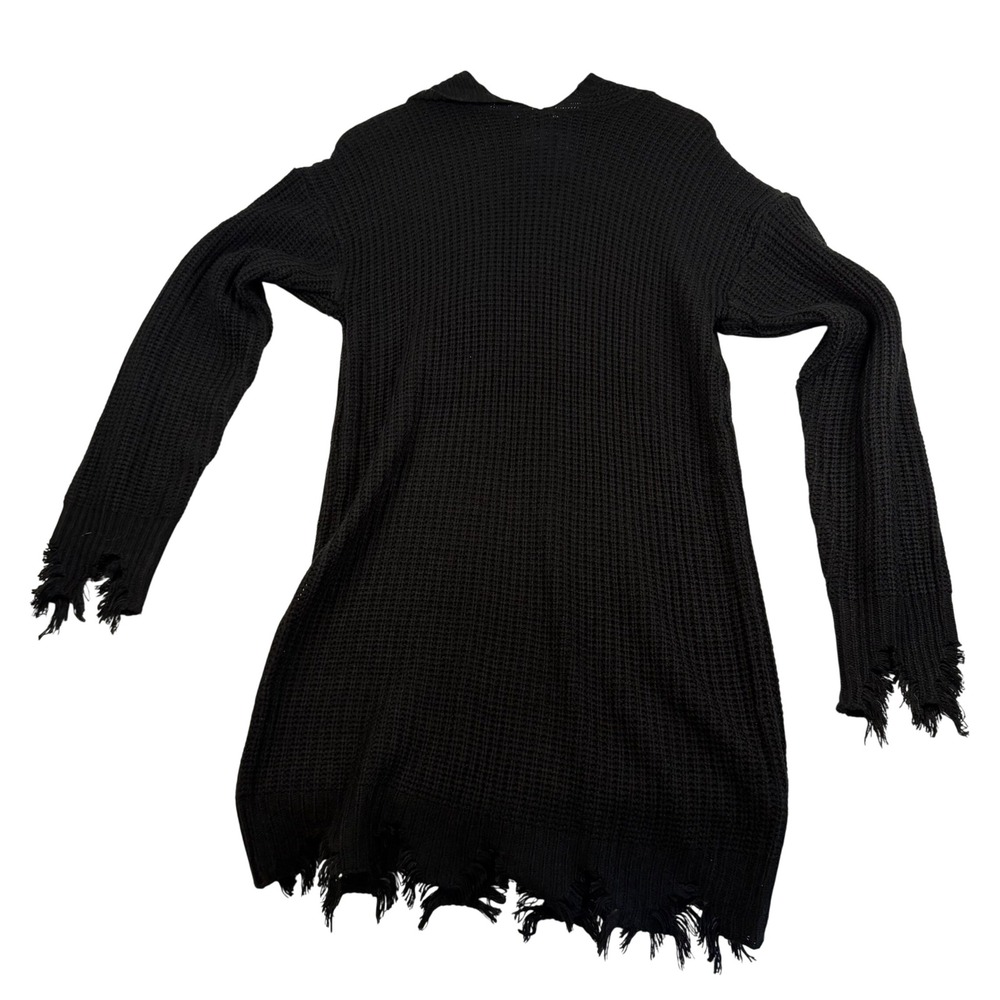 No Comment Black Waffle Knit Distressed Hooded Sweater Dress Large NEW